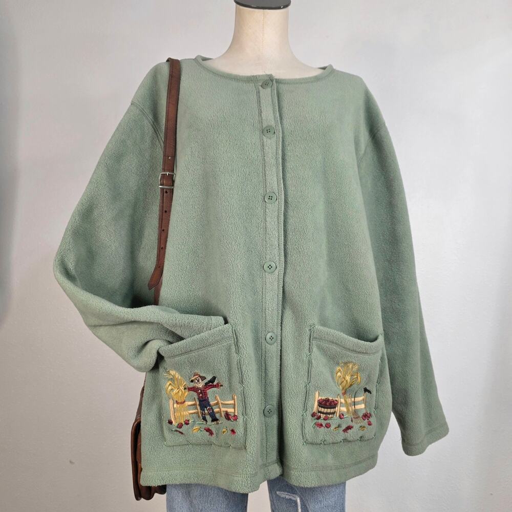 Vintage Fall Scarecrow Embroidered Fleece Cardigan Plus Size 3X Cottagecore